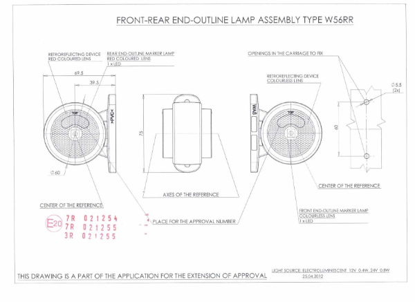 WAS W56RR Series LED L/R End-Outline Marker Light w/ Reflex - Direct Stalk | Fly Lead [641]
