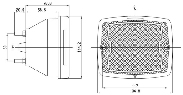 LITE-wire/Perei 1200 Series 12V Square LED Stop/Tail Light | 137mm | Spade Terminal - [SL1200LED-12V] - Line Drawing