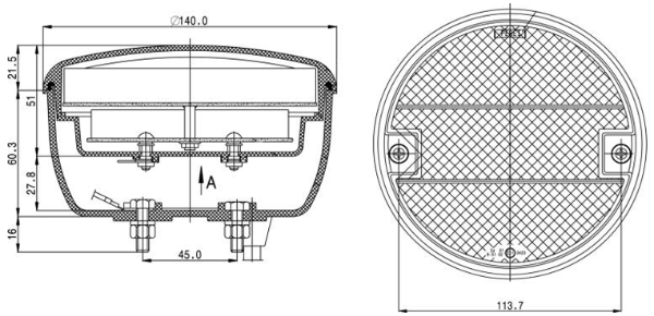 LITE-wire/Perei 800 Series 24V Round LED Reverse Light | 140mm | Superseal | Clear - [RV800LEDSS-24V] - Line Drawing