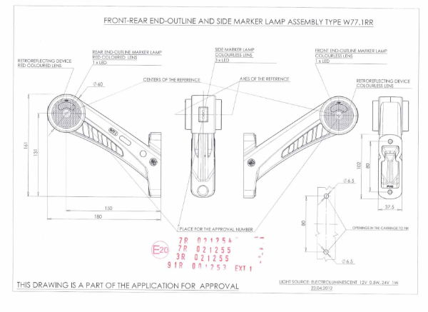 WAS W77.1RR Series LED RIGHT End-Outline Marker Light w/ Side & Reflex - 60° Stalk Vertical Mount | Fly Lead [642P]