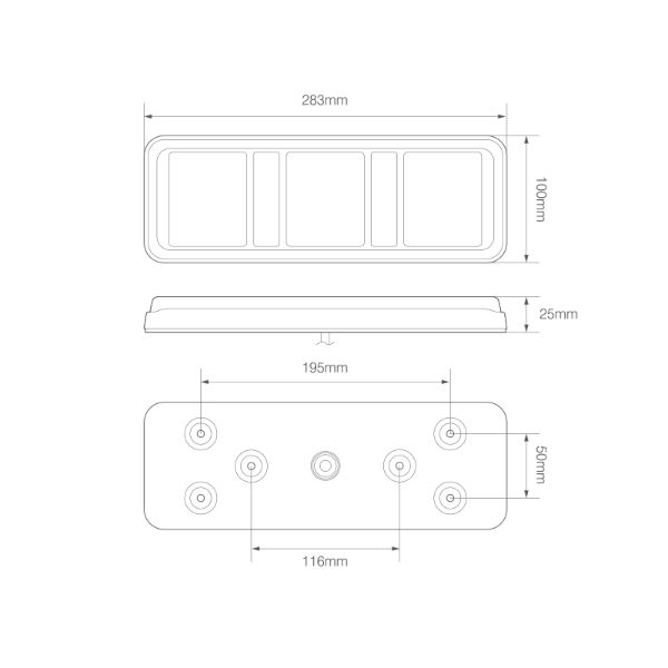 LED Autolamps 283 Series 12/24V LED Rear Combination Light w/ Reflex | 283mm | Left/Right | S/T/I w/ Reverse - [283WARM] - Line Drawing