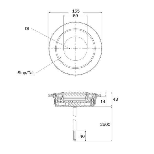 Signal-Stat SS/40 Bullseye Series 12/24V Round LED S/T/I Light | 155mm | Superseal - [SS/40300SS] - Line Drawing